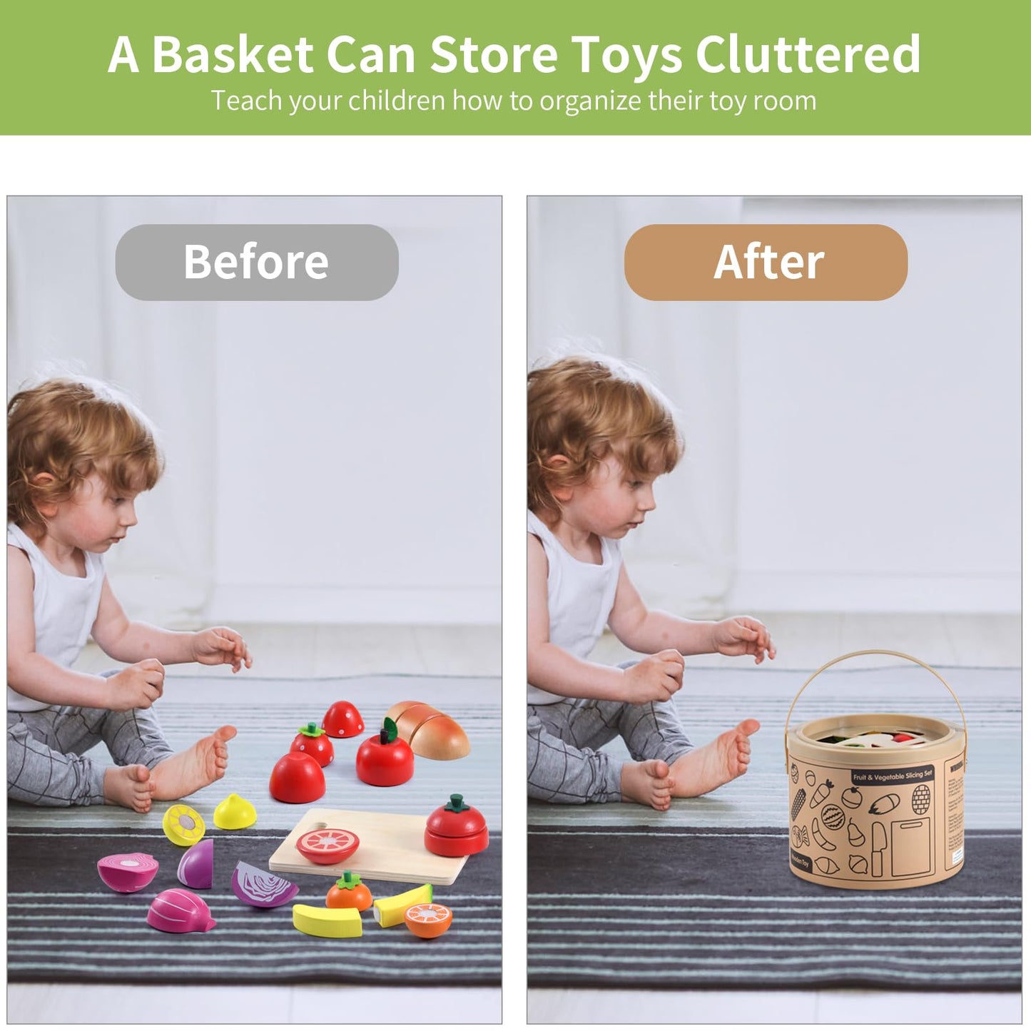 WHOHOLL Wooden Play Food for Kids Kitchen Playset, Play Kitchen Accessories Pretend Cutting Food Montessori Toys for 2+ Year Old