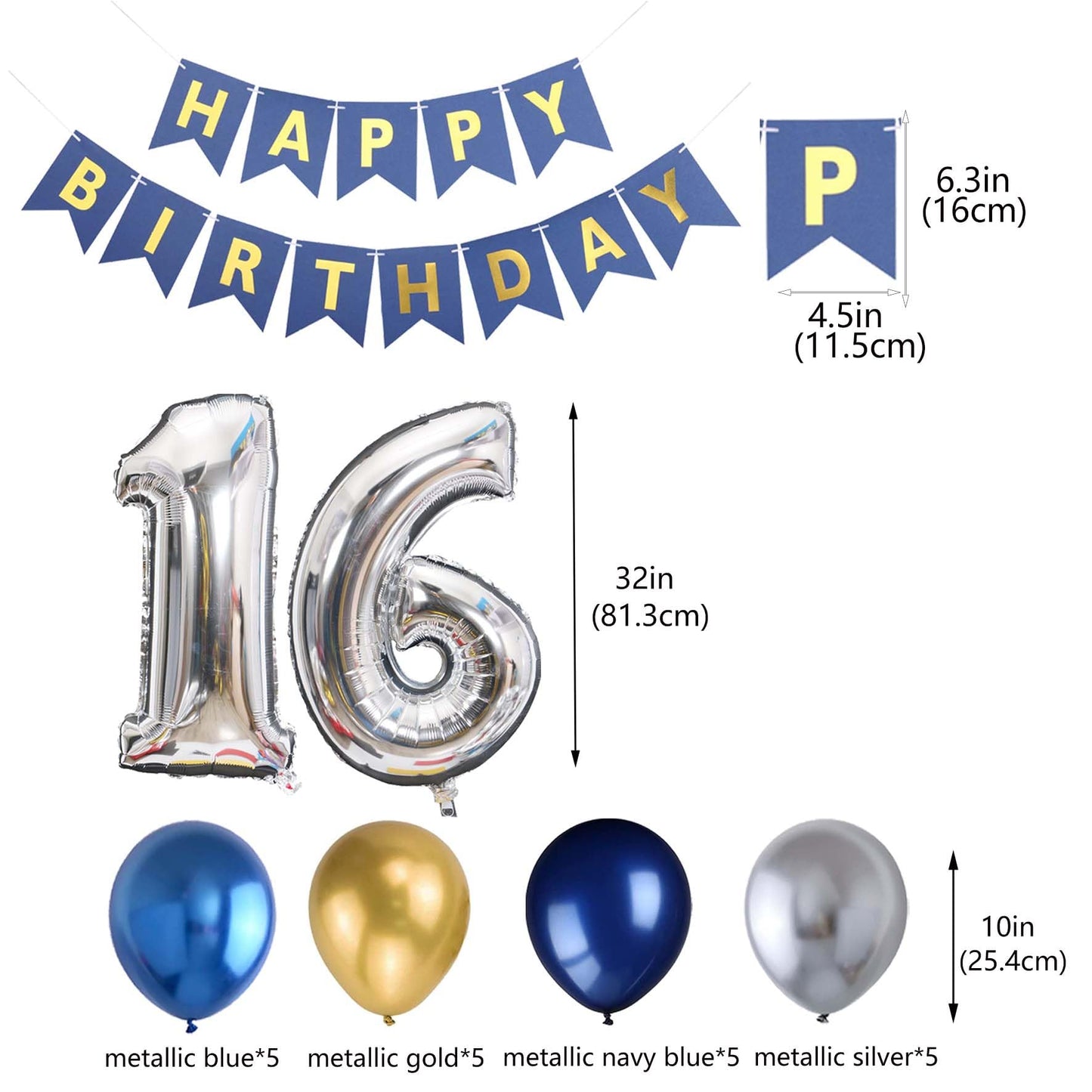 16Th Birthday Party Decoration For Boys, Happy Birthday Banner Blue Number 16 Balloons Metallic Silver Blue Gold Latex Balloon F