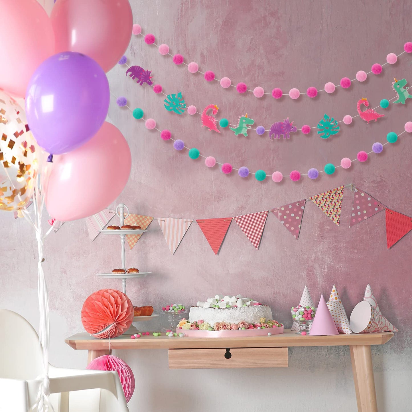 Kingdder 3 Pcs Pink Dinosaur Banner Party Decoration for Girls Pink Pom Pom Birthday Garland Felt Ball Banner Dinosaur Theme Hol