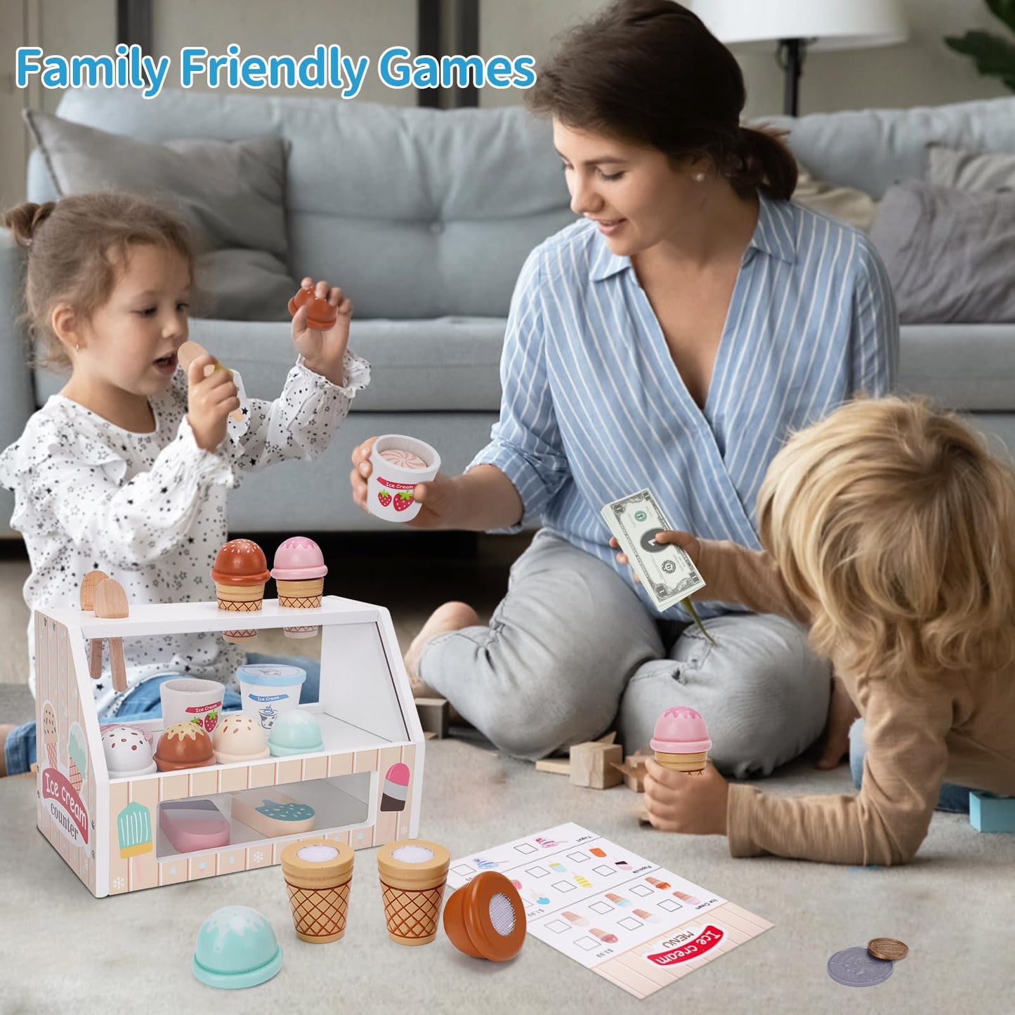 Wooden Ice Cream Counter Playset for Kids, Toddler Girl Toys Kitchen Playset Pretend Play Gifts for 3 4 5 6 Year Old Girl or Boy