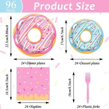 Tevxj 96Pcs Donut Themed Birthday Tableware Set Donuts Pink Dinnerware Disposable Plates Sweet Party Plates Napkins Forks For Baby Shower Party Decorations Supplies 24 Guests