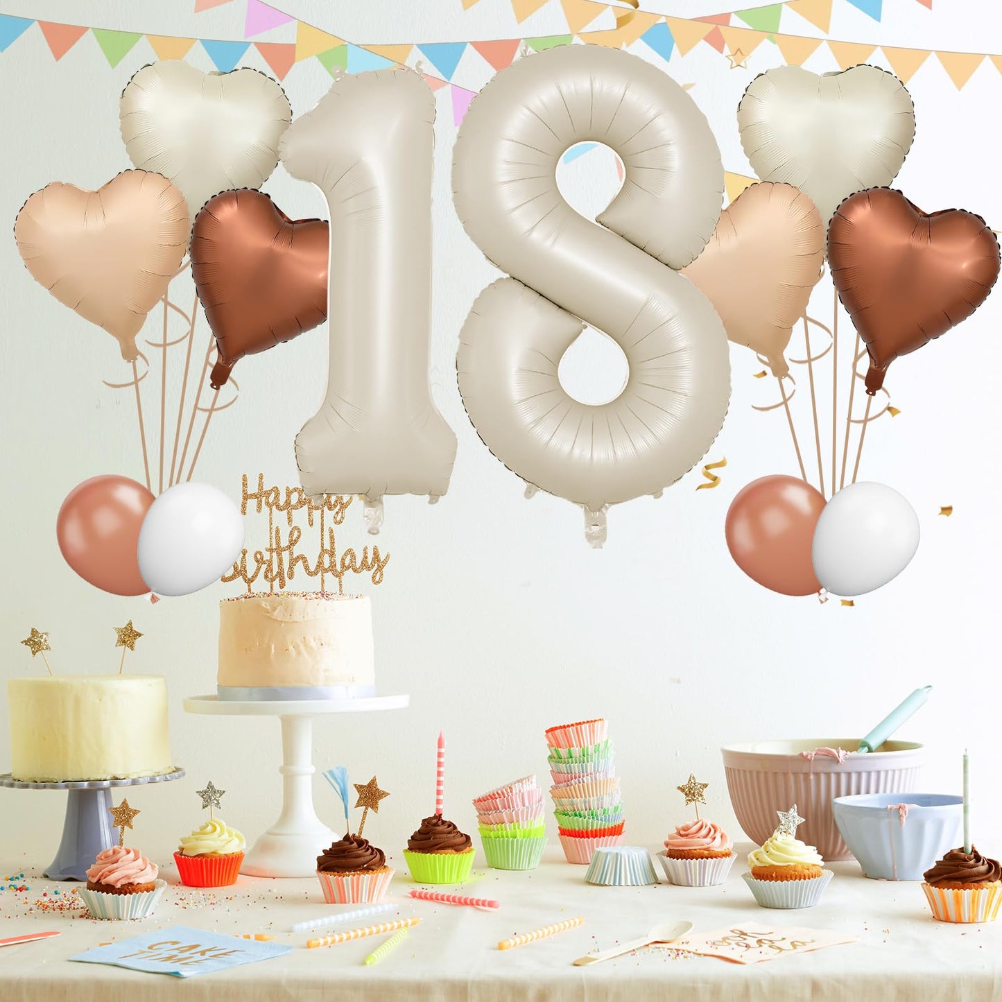 Biapian 40 Inch Cream Number 18 Balloons, 8Pcs Large Foil Number 1 & 8 Balloons With 18'' Cream White Heart Balloon Helium For 1