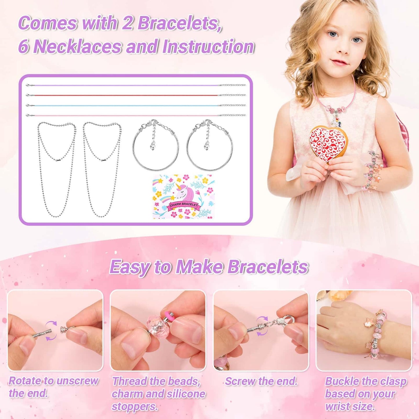 LifeisLuck Charm with Bracelet Making Kit, Jewelry Making Kit for Girls DIY Bead Necklace Kit with A to Z Bracelet Box Unicorns