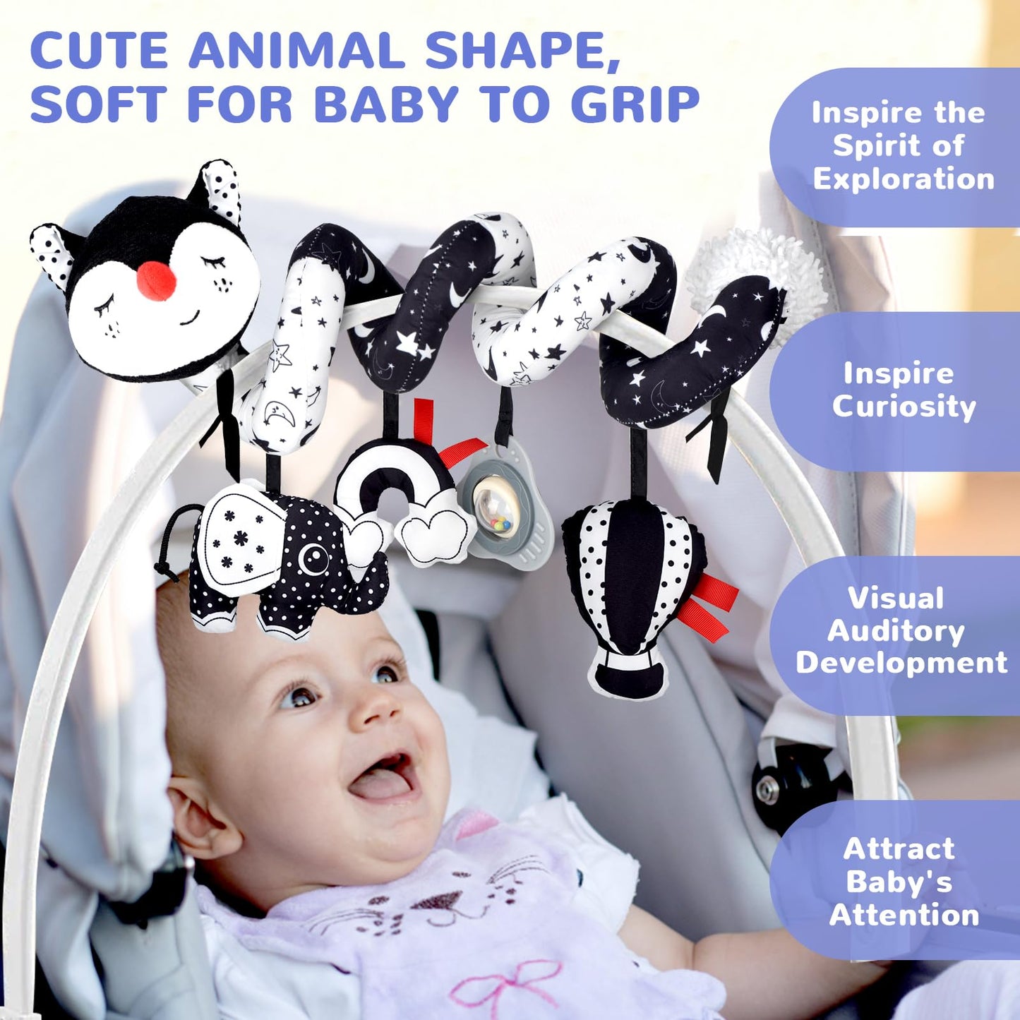Xixiland Musical Car Seat Toys Black And White Baby Toys, Infant Toys 0-6 Months Stroller Toys Newborn Toys, High Contrast Baby Toys For Newborn, Gift For 0 3 6 9 12 Months Girls Boys Babies