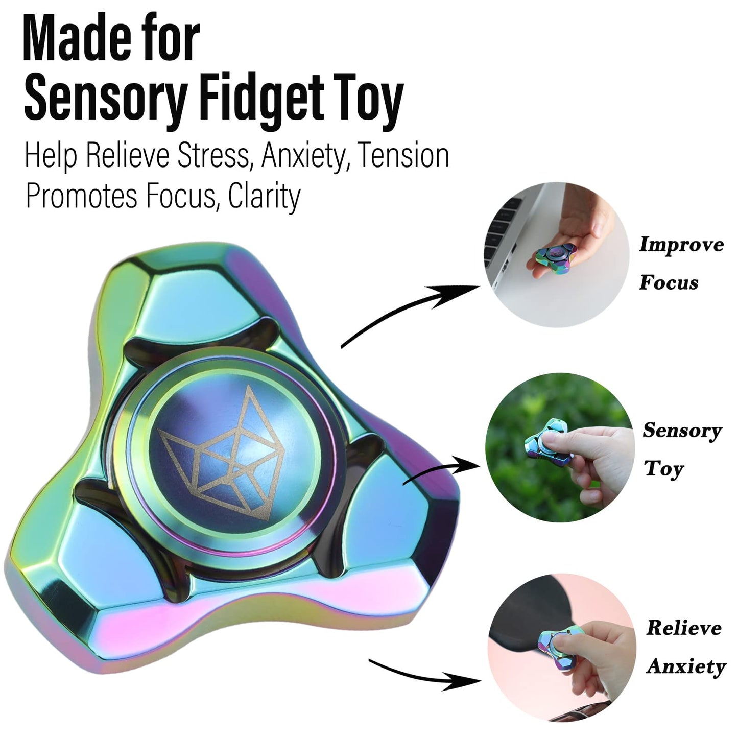 Freelove Metal Fidget Spinner, Stainless Steel Heavy, Long Spinning Toys, Cool Silent, Small Mini Fox Figette Spiner For Adults Men Anxiety, Quiet Bearing, Rainbow