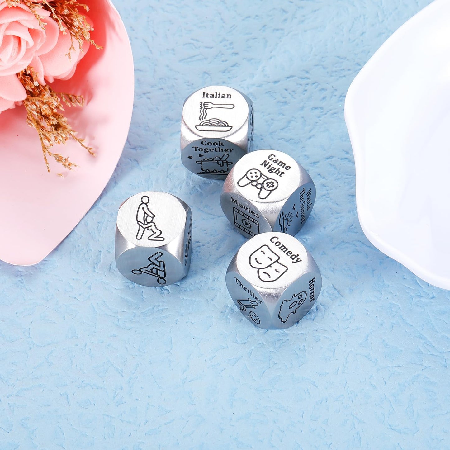 4Pcs Anniversary Steel Date Night Dice for Couples Valentines Day Gifts for Boyfriend Husband Girlfriend Wife Birtdhay mature-themed Easter Basket Stuffers
