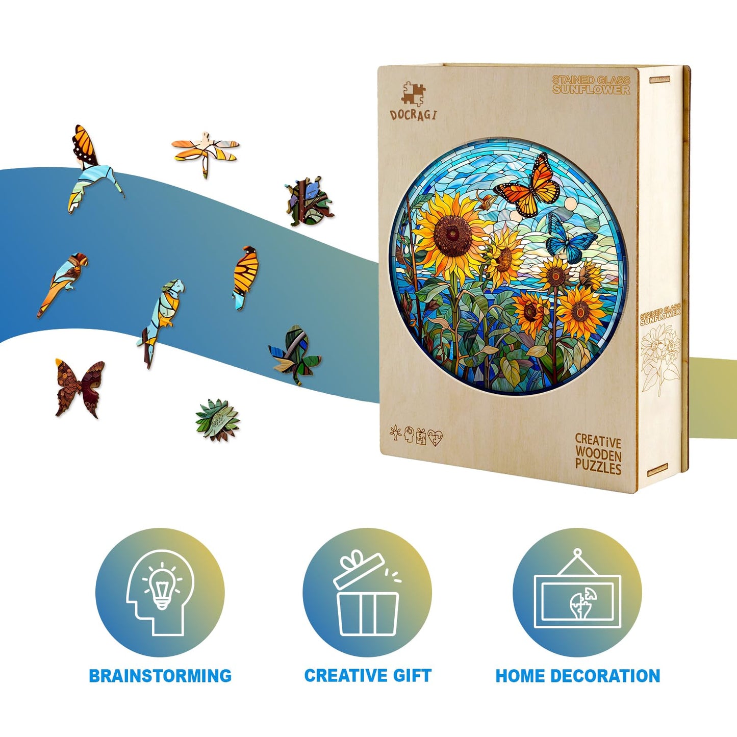 Wooden Puzzles For Adults - Unique Shaped Wooden Puzzles For Adults And Kids - Stained Glass Sunflower Wooden Jigsaw Puzzles - C