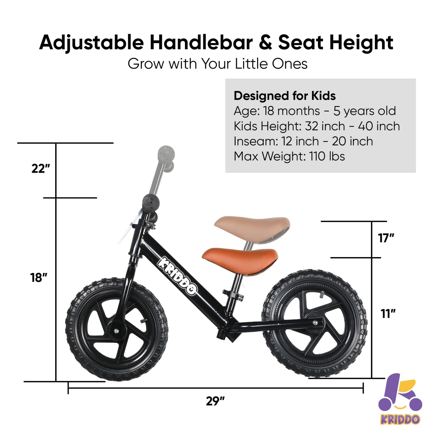 Kriddo Toddler Balance Bike 2 Year Old,12 Inch Push Bicycle With Customize Plate (3 Sets Of Stickers Included), Steady Balancing, Gift Bike For 2-5 Boys Girls, Black