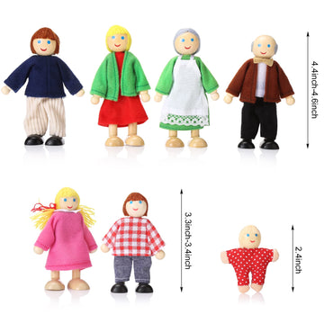 Jzszera Wooden Dollhouse Family Set Of 7, Mini Figures For Pretend Play, Classic Doll House Accessories For Kids & Toddlers
