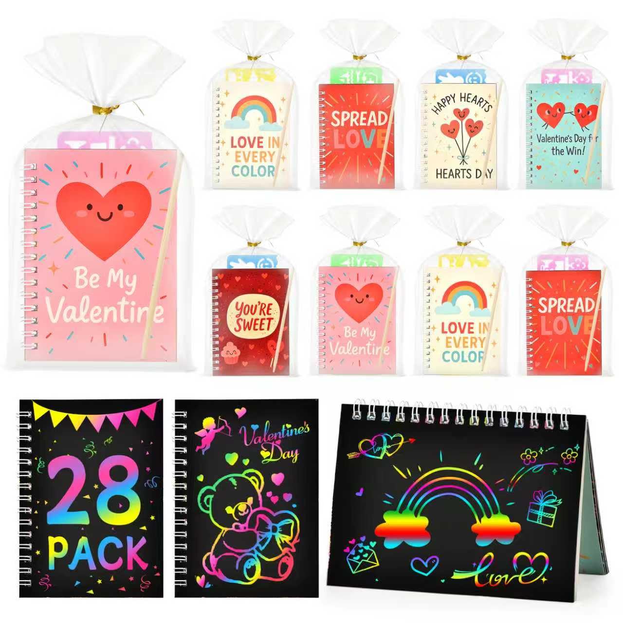 INACORN 28 Pack Valentines Day Gifts for Kids Classroom - Rainbow Scratch Art Notebooks, Non-Candy Party Favors for School Excha