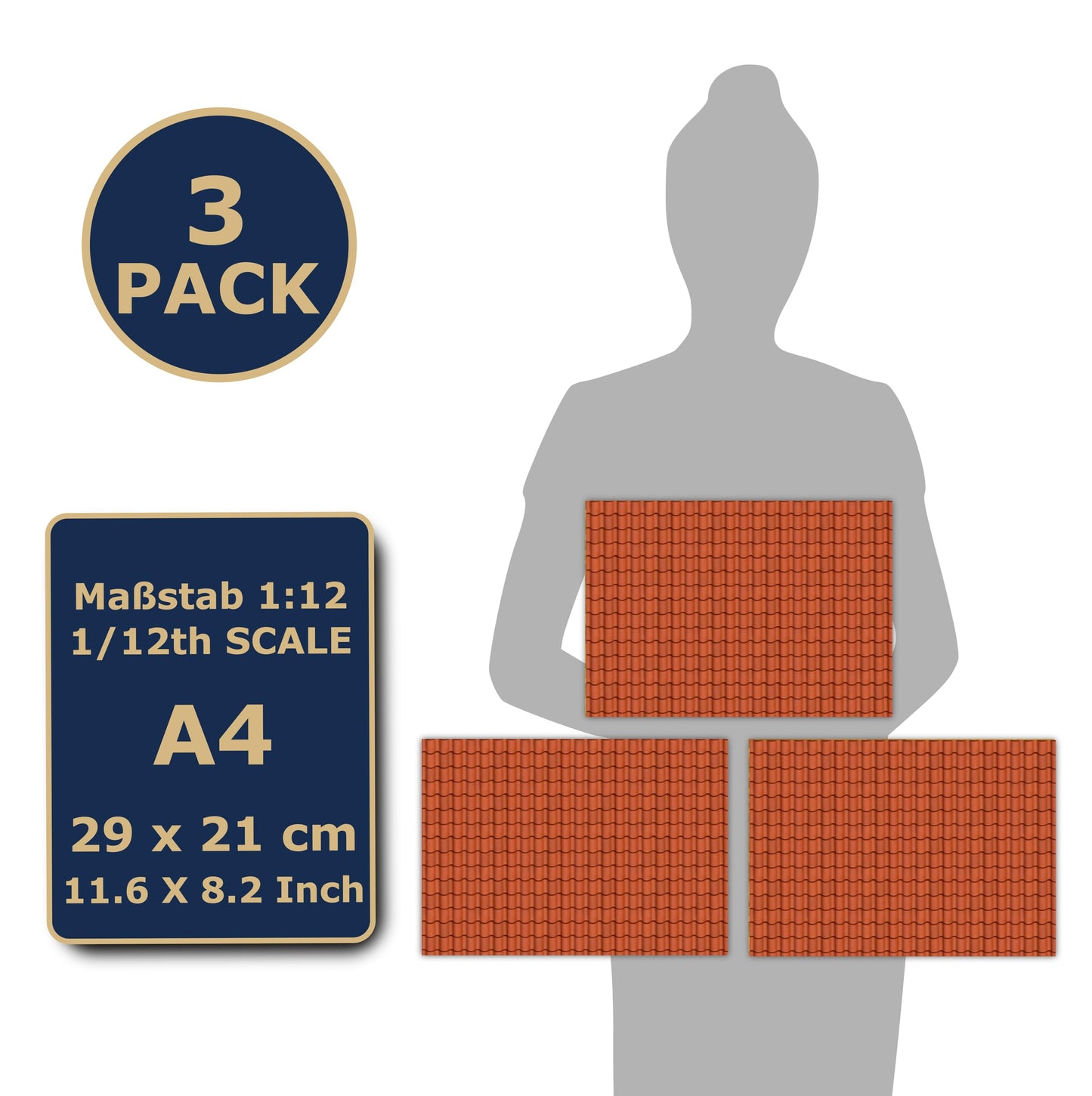 3 Sheets Self-Adhesive Roof Tiles and Shingles for Dollhouses Scale 1:12 (Roof Tiles Clay 3)