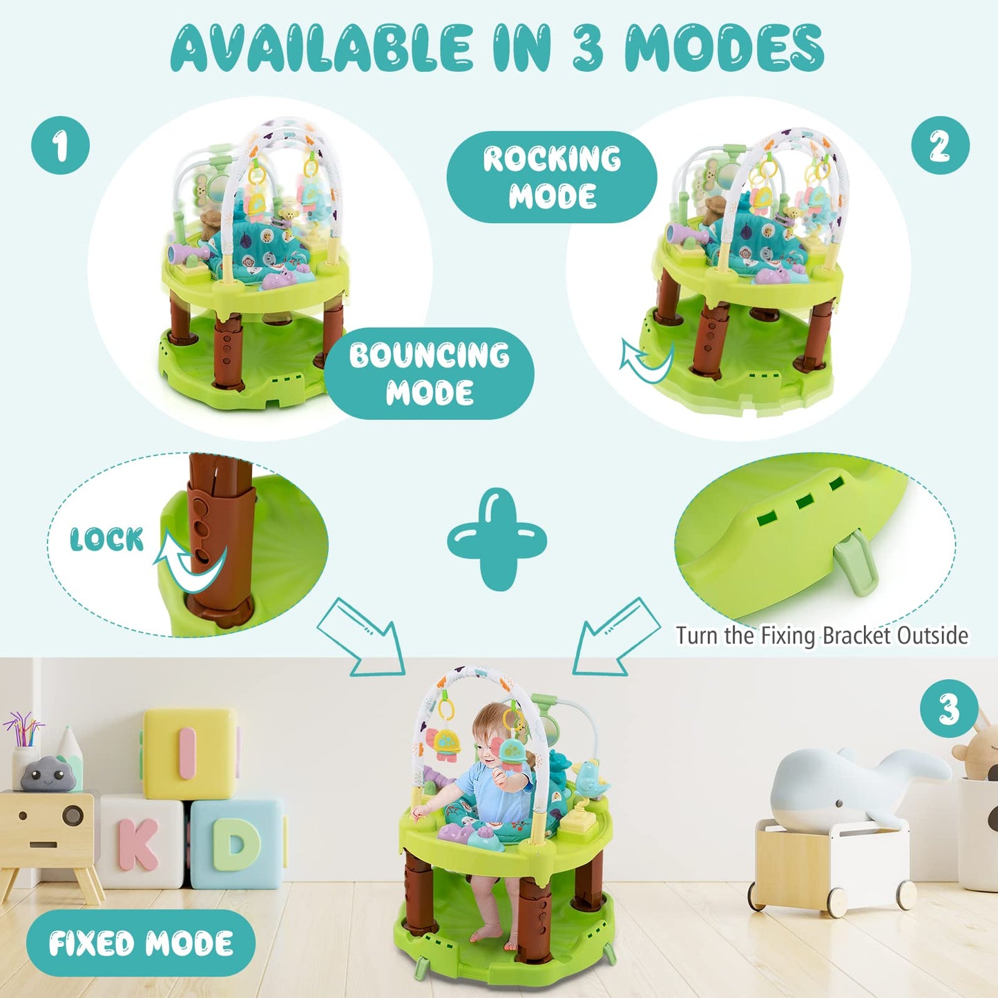 BABY JOY Baby Bouncer Activity Center, 4-in-1 Bouncing Activity Saucer & Activity Table & Play Mat w/ 3 Adjustable Heights, Play