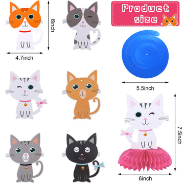 Chinco 16 Pcs Cat Theme Birthday Party Decorations Party Supplies Kit, Includes Cat Party Banner With 6 Hanging Cutouts 6 Hanging Swirl Decor And 3 Birthday Honeycomb Party Decoration(Cool Style)