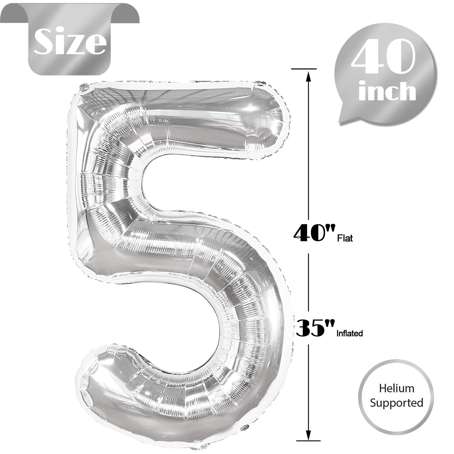 Silver 5 Balloon, Number Balloons 40 Inch, 5Th Birthday Balloon Decorations, Silver And Black Party Supplies, 5 Number Balloons,
