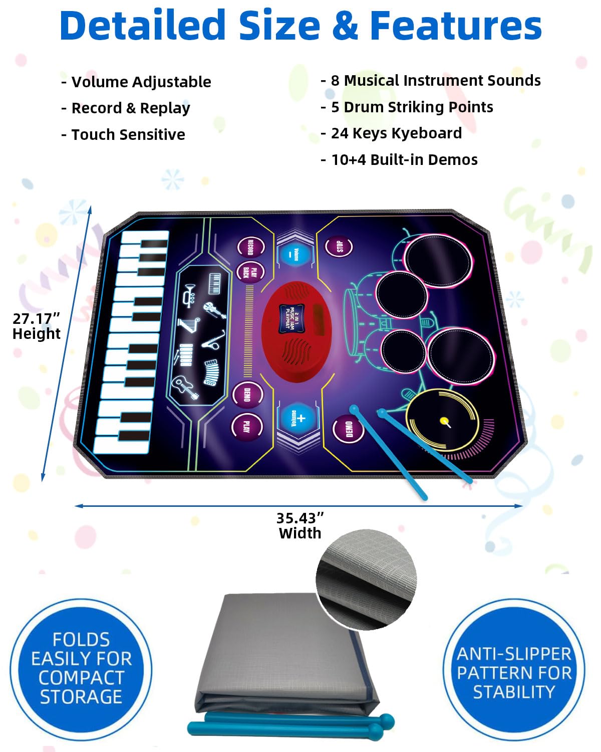 Sunlin 2-In-1 Music Jam Mat, Music Learning Toy For Boys Girls 3-6, Drum Set + Piano Mat, Toddler Birthday Gift 3 4 5 6 Years, Record & Playback, Built-In Songs, 8 Instrument Sounds, Volume Control