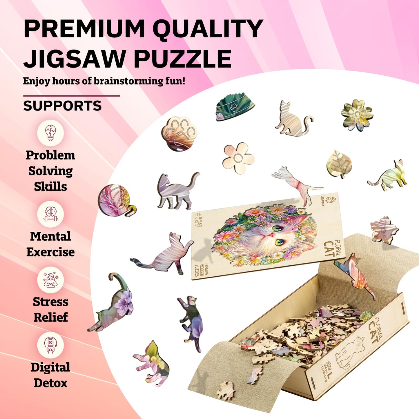 Jigfoxy Wooden Puzzles for mature-themeds Cat in Flowers Wood Puzzles mature-themed Unique Animal Shape Wooden Jigsaw Puzzles for mature-themeds Birthday Gifts for Puzzle Lovers Family Friend (M-11.5 * 11.3in-233pcs)