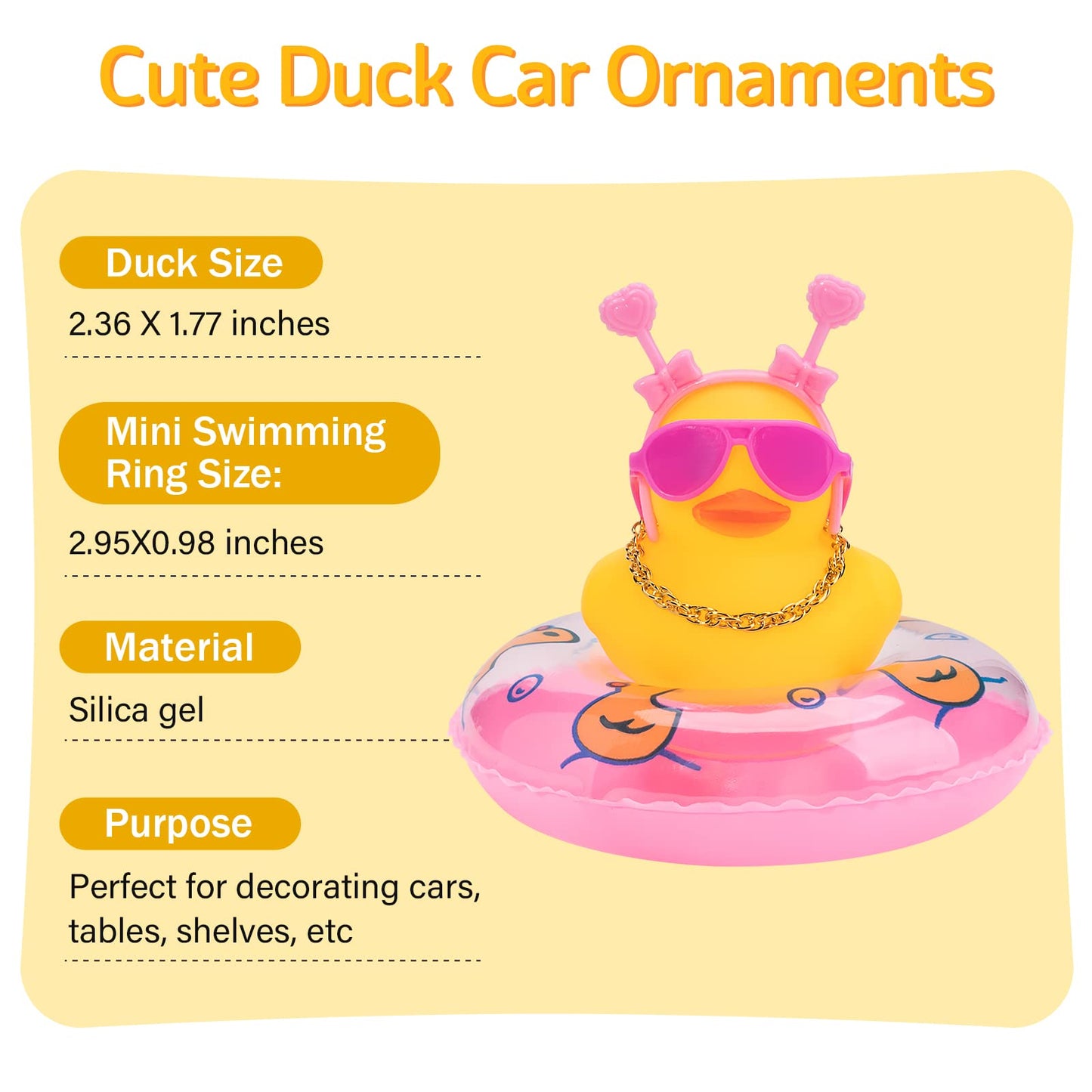 wonuu Car Duck Rubber Duck Car Ornaments Duck Car Dashboard Decorations with Cute Headband Swim Ring Necklace Sunglasses B-Pink Double Heart Headband