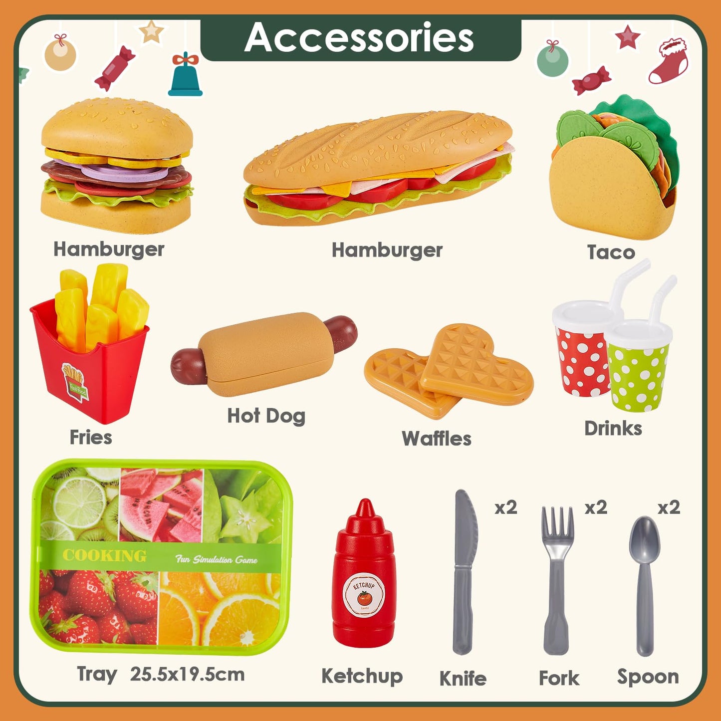 BUYGER Fast Food Play Food Toys for Kids Toddler Children Toy Kitchen Accessories Playset Plastic Toy Food Sets Pretend Play Gif