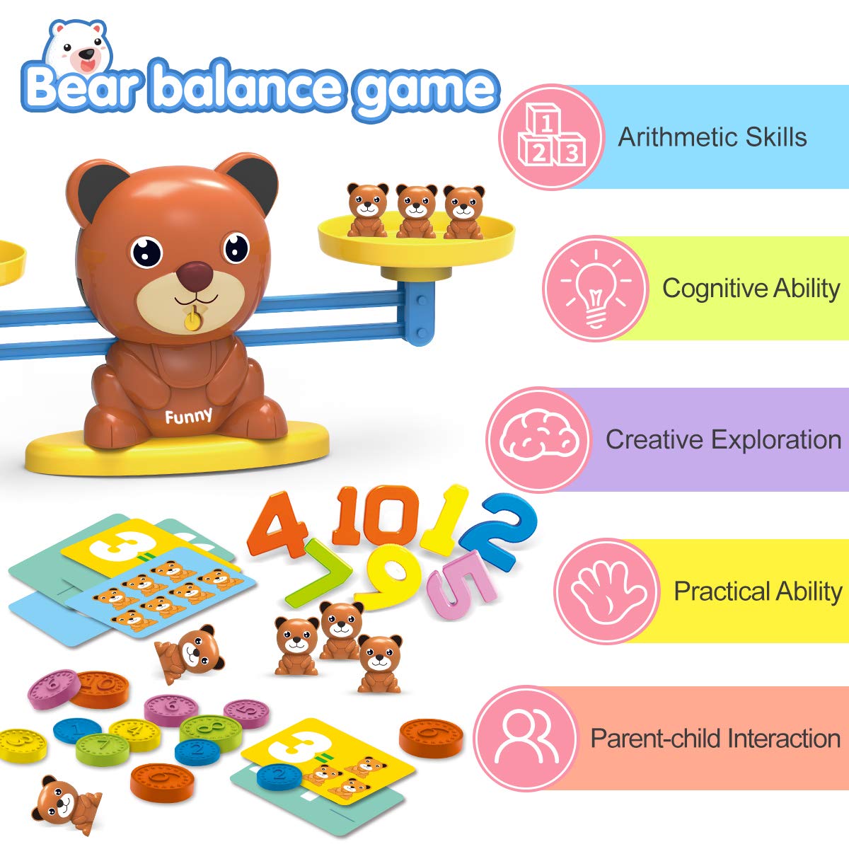 REMOKING Bear Balance Game, Funny Math Counting Toy with Numbers, Little Bears, Game Cards, Coins, Great Gifts for Kids 3 Years