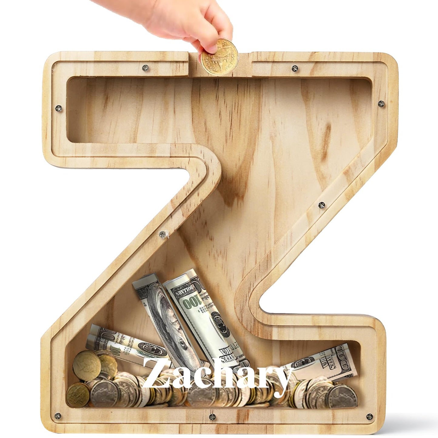 Bemaystar Customized Name Letter Piggy Bank: Wooden Kids Piggy Bank for Boys & Girls, Birthday (Z)