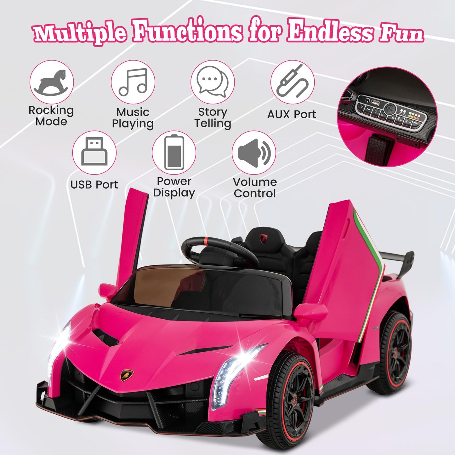 Costzon Pink Lamborghini Ride On Car, 12V Battery Powered 4Wd Lambo Kids Car With Remote Control, 3 Speeds, Dual Doors, Led Lights, Horn, Music, Licensed Electric Vehicle For Toddlers Girls Kids Gift