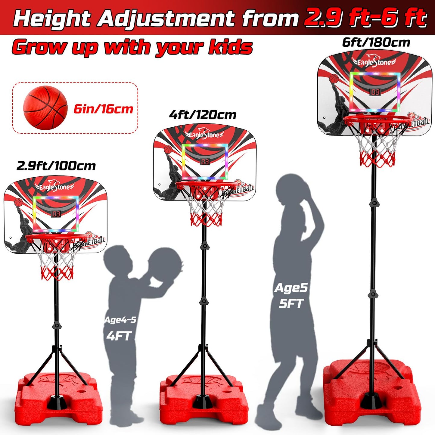 Eaglestone Kid Basketball Hoop Outdoor, Toddler Basketball Hoop Indoor Adjustable Height 2.9Ft-6Ft With Led Lights,Scoreboard, Mini Hoop With 3 Balls,Outdoor Basketball Toys For Boys Kids Ages 4-8
