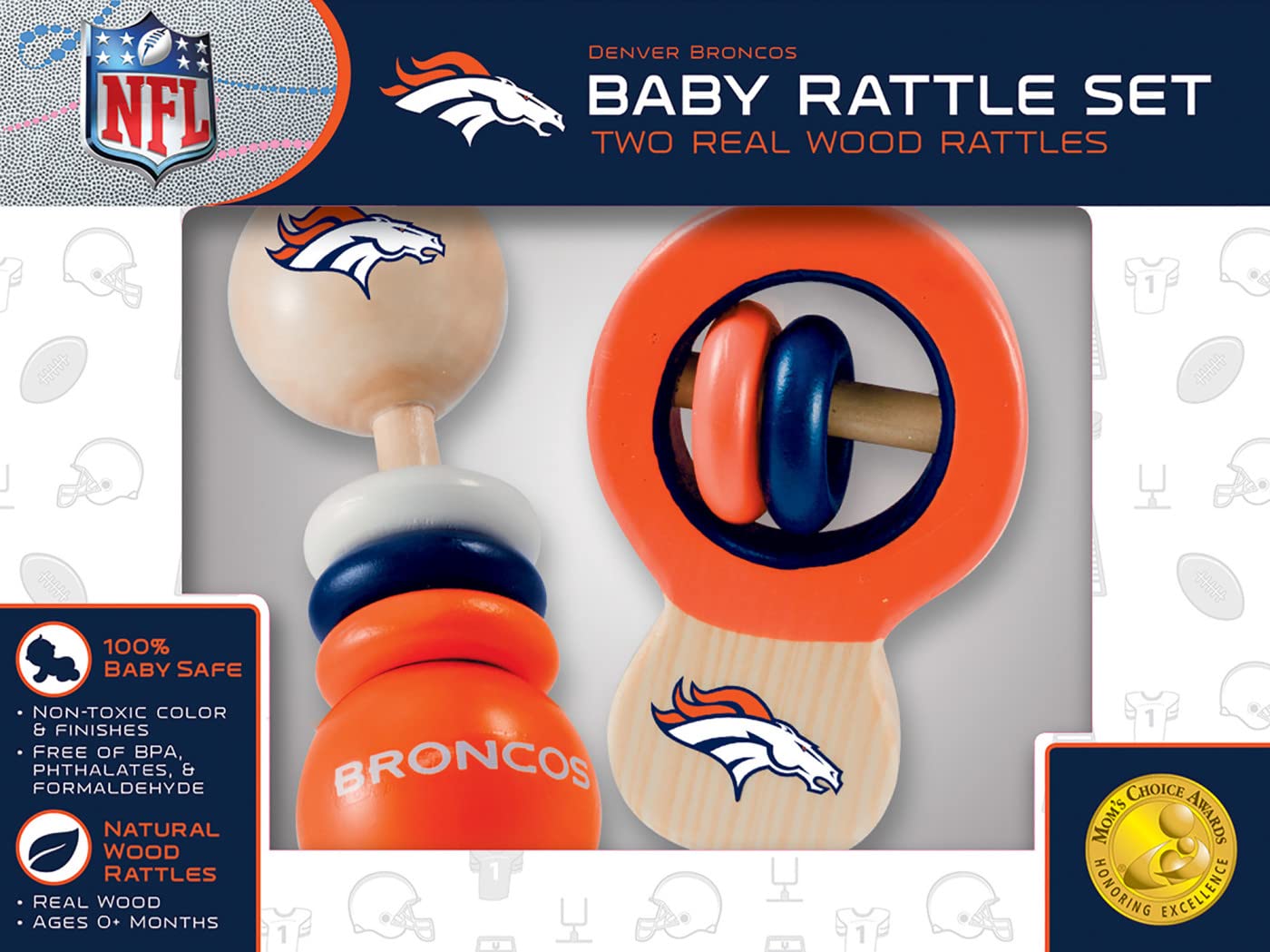 Babyfanatic Wood Rattle 2 Pack - Nfl Denver Broncos - Officially Licensed Baby Toy Set