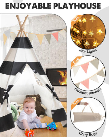 Teepee Tent For Kids, Xiaowantong Kids Teepee Tent With Lights, Carry Bag, Natural Cotton Canvas Toddler Play Tent Indoor, Washable Foldable Teepee Tent For Girls & Boys Outdoor (Stripe Black)