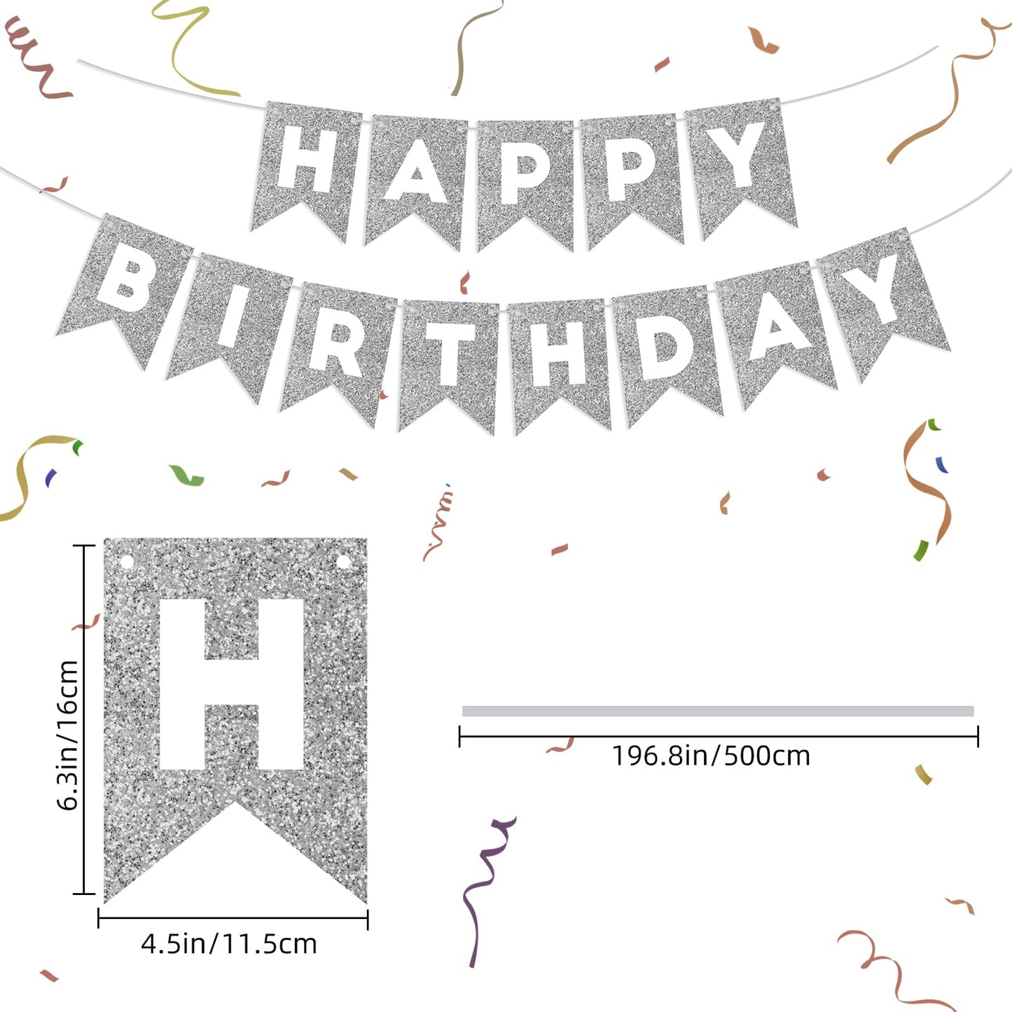 Silver Glitter Happy Birthday Banner Happy Birthday Sign For Backdrop Silver Birthday Decorations For Women Men Birthday Party Garland Bunting Banner Kids Adults Party Supplies