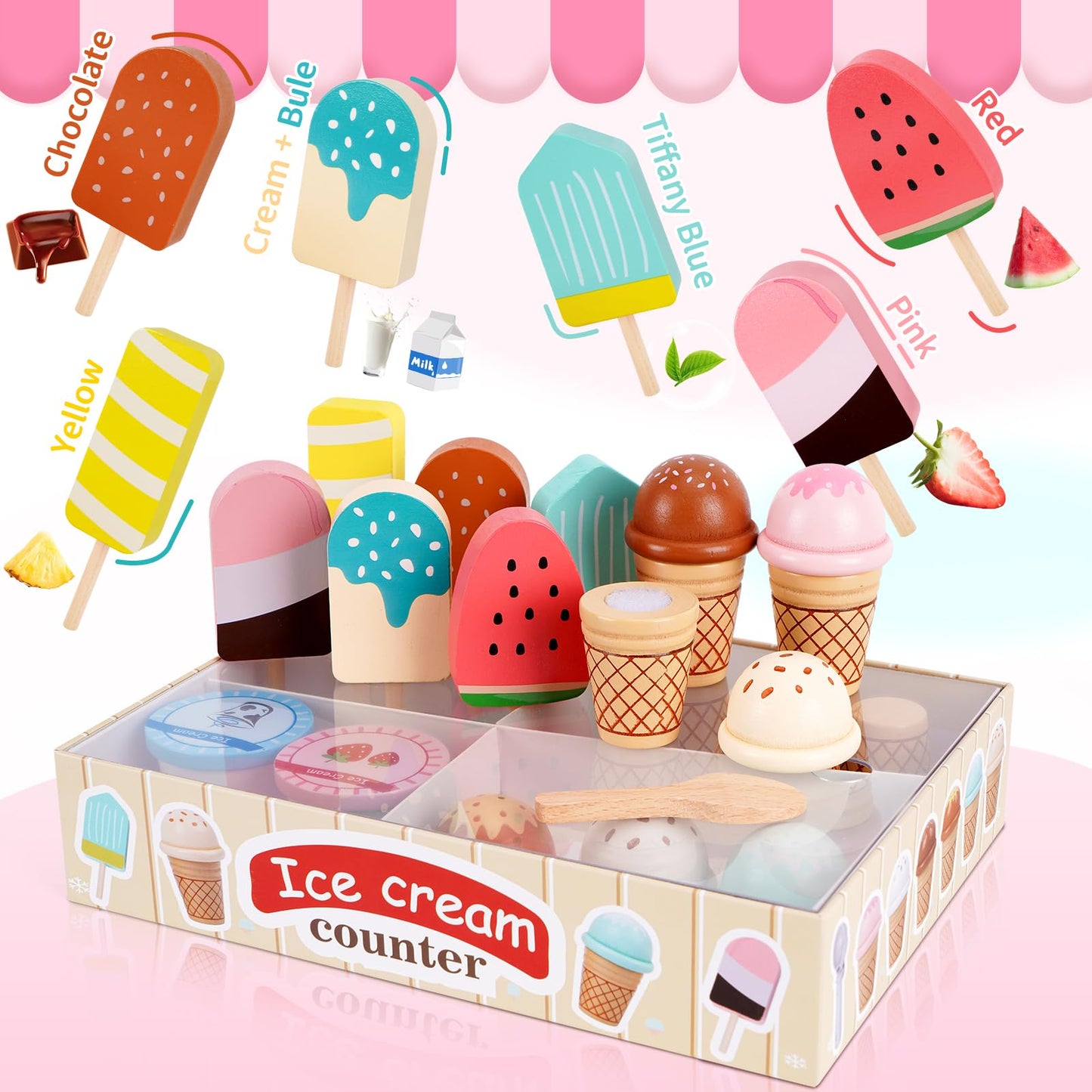 Wooden Ice Cream Toys for Toddlers 3-5, Kids Wooden Toys Play Kitchen Accessories, Play Food Sets for Kids Kitchen, Pretend Play