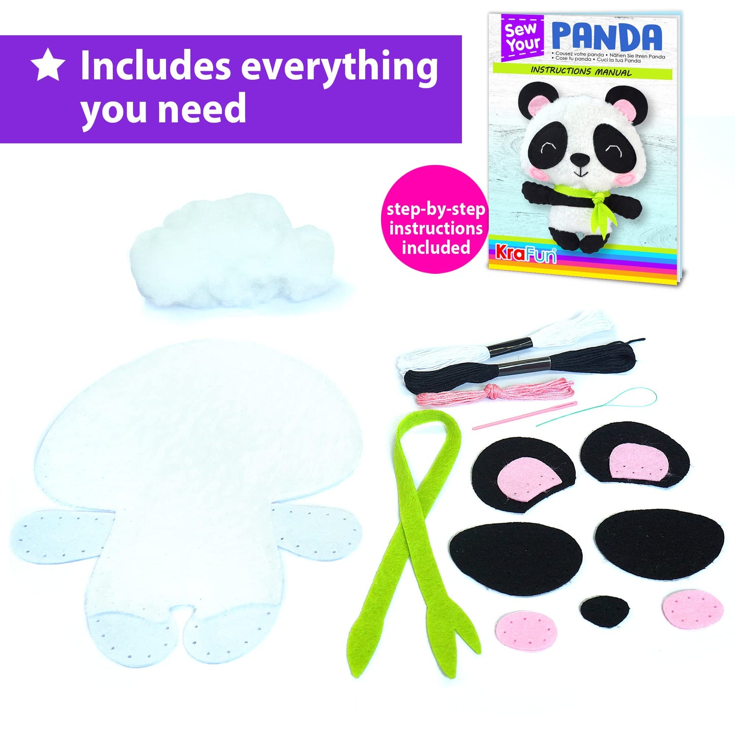 Krafun Panda Animal Sewing Kit For Kids Beginner My First Art & Craft, Includes Panda Doll Stuffed Animal, Instructions & Plush Felt Materials For Embroidery, Age 7 8 9 10 11 12