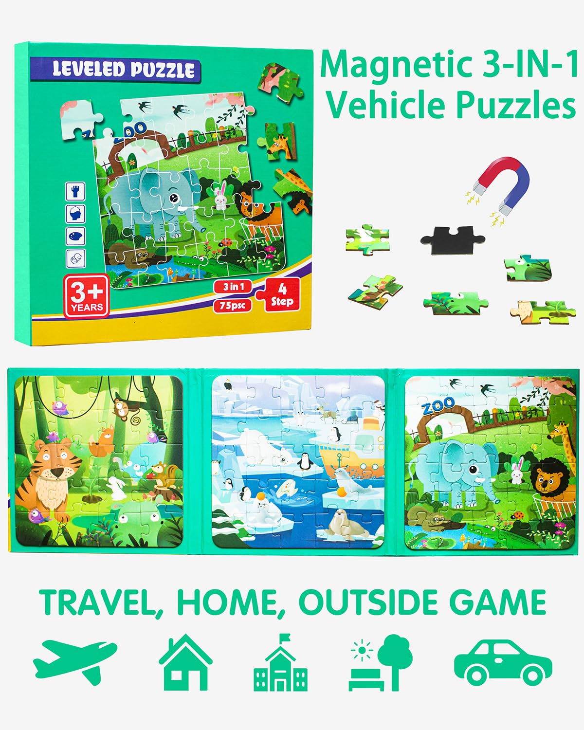 Magnetic Puzzles For Kids Ages 3-5, 3 In 1 Animal Magnet Jigsaw Puzzle Book For Toddlers, Car Airplane Road Trip Activities Toys