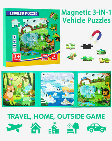 Magnetic Puzzles For Kids Ages 3-5, 3 In 1 Animal Magnet Jigsaw Puzzle Book For Toddlers, Car Airplane Road Trip Activities Toys