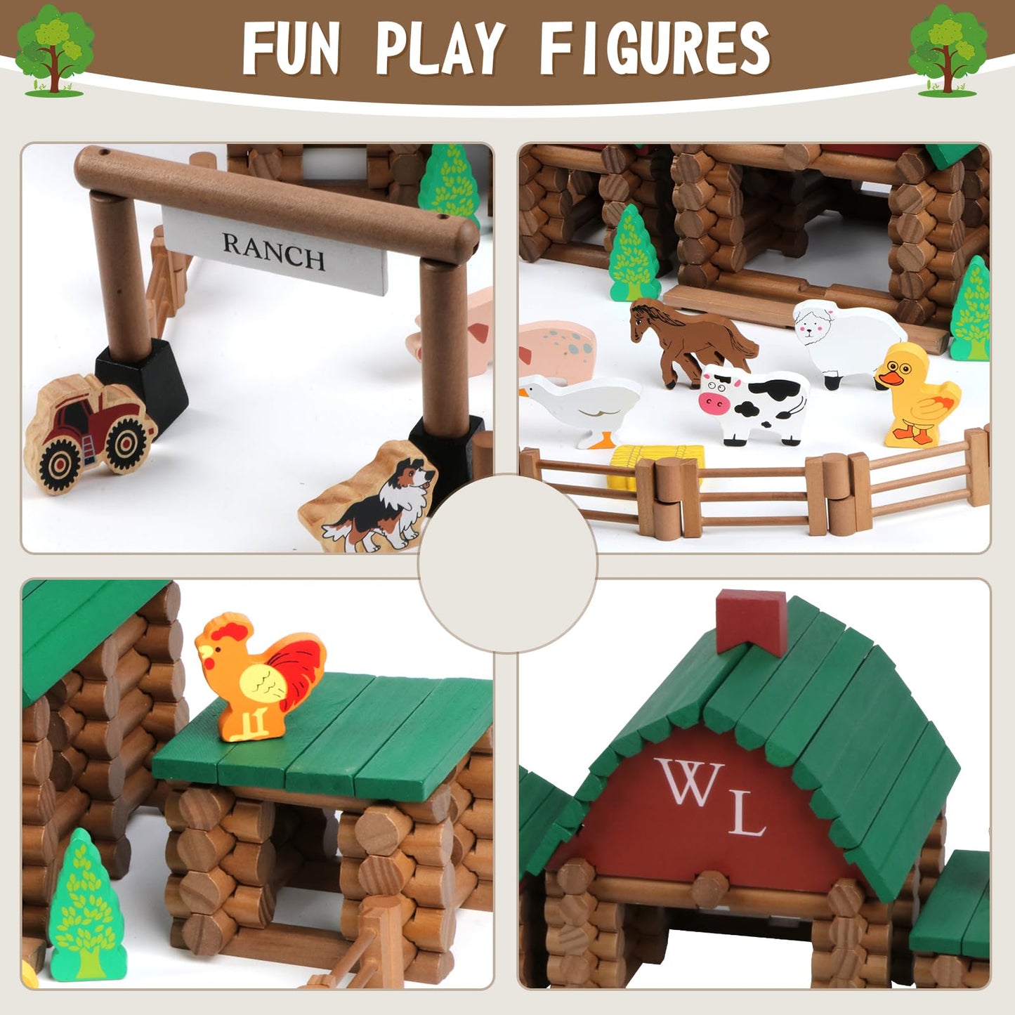 Wondertoys Wooden Log Set - 164 Pcs Large Brown/Green Building Logs for Ages 3+ - Creative Educational Gift