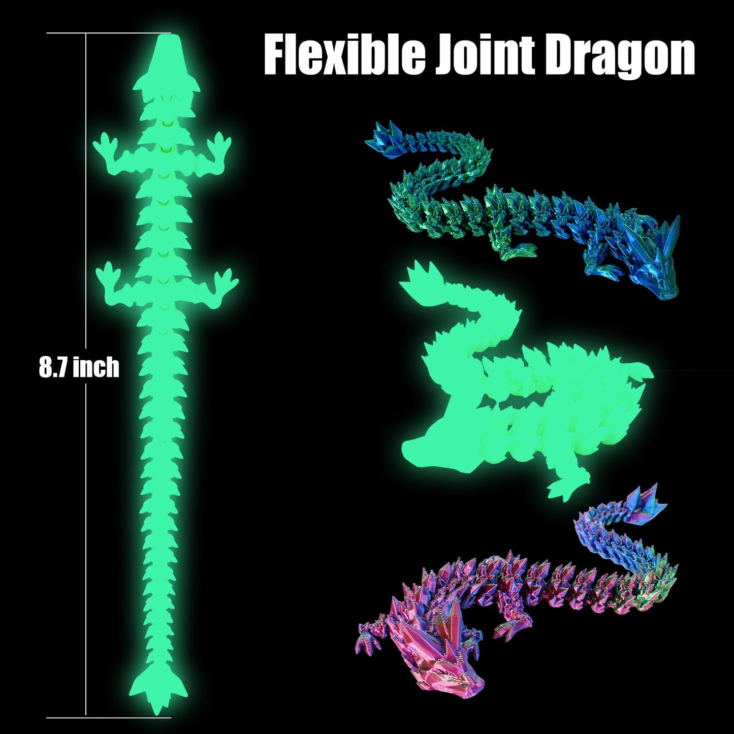 Tboline 3D Printed Dragon, 4Pcs Crystal Dragon Fidget Toy, Flexible Articulated Dragon 3D Printer Animal Decor (4-Piece Set-A)