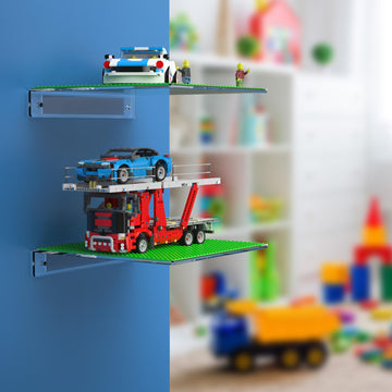 Galvanox Display Shelves For Building Bricks (2 Pack Set) Compatible With All Toy Block Brands - Floating Wall Mounted Shelf With 10 Inch Removable Baseplate (Clear Acrylic)
