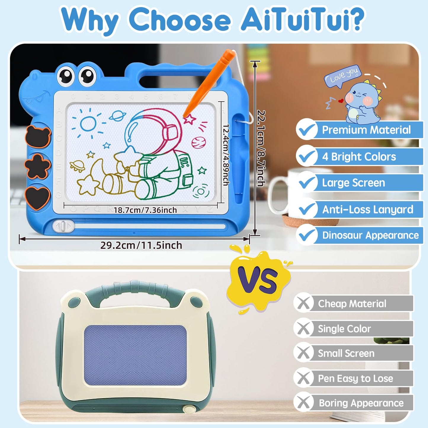Aituitui Magnetic Drawing Board Toddler Toys Gift For 2 3 Year Old Girls Boys, Sketch Writing Doodle Pad Age 2-4 Travel Games, Educational Learning Kids Toys For Toddlers Birthday (Blue)