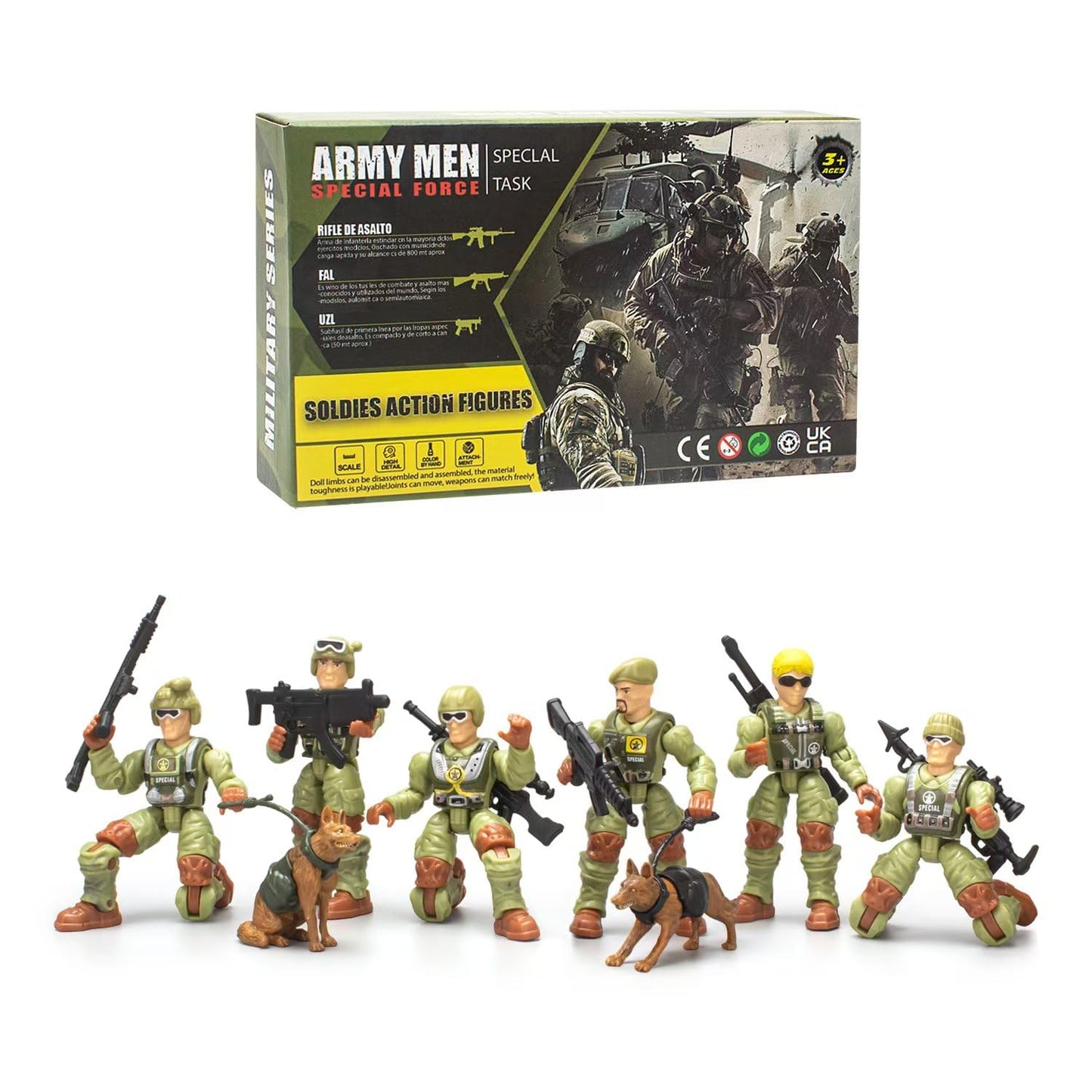 Baimiby Army Men Action Figures Toy Soldiers for Boys Age 4-7 Military Playset 6Pcs Army Toys with 2 Dog Figures and 6 Army Toy Set Birthday for Toddler 3+