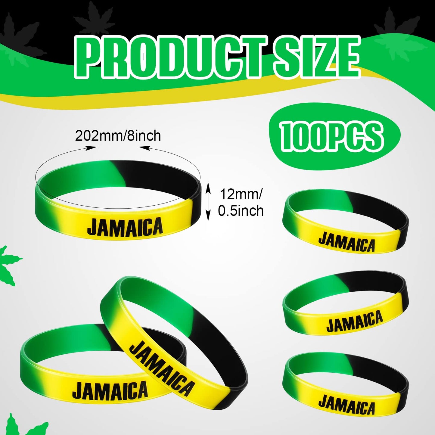 Leitee Jamaican Silicone Bracelet Bulk Black Yellow Green Rubber Wristband For Men Women Jamaican Birthday Party (100 Pcs)