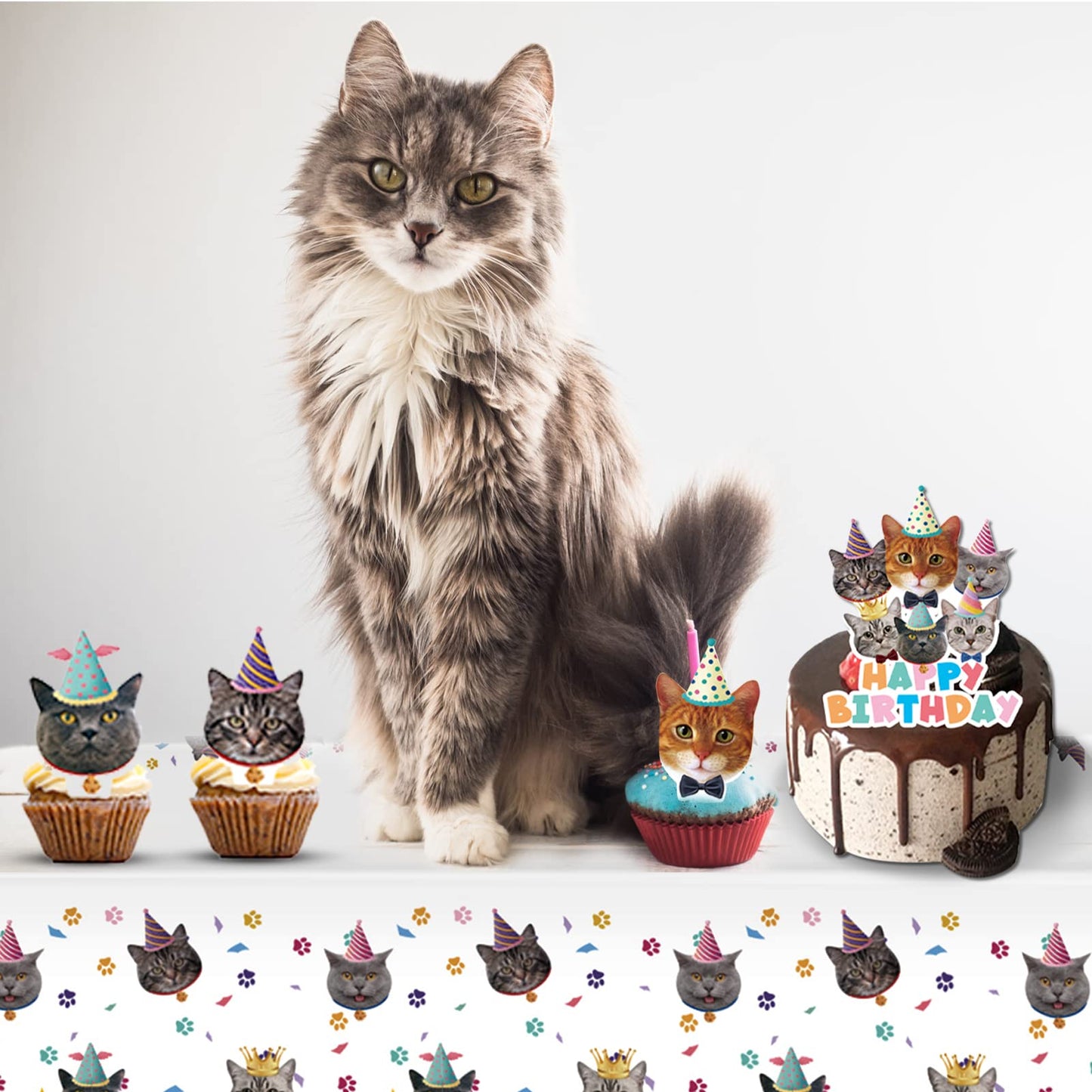 Juhap 96Pcs Cat Birthday Party Supplies, Kitten Birthday Decorations Includes Plates, Napkins, Table Covers, Cake Toppers, Ballo