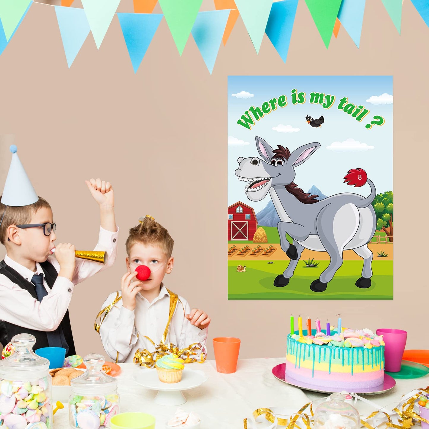 Neburora Pin The Tail On The Donkey, Party Game With 30 Pcs Tails For Kids Birthday Party Carnival Circus Christmas Party Suppli