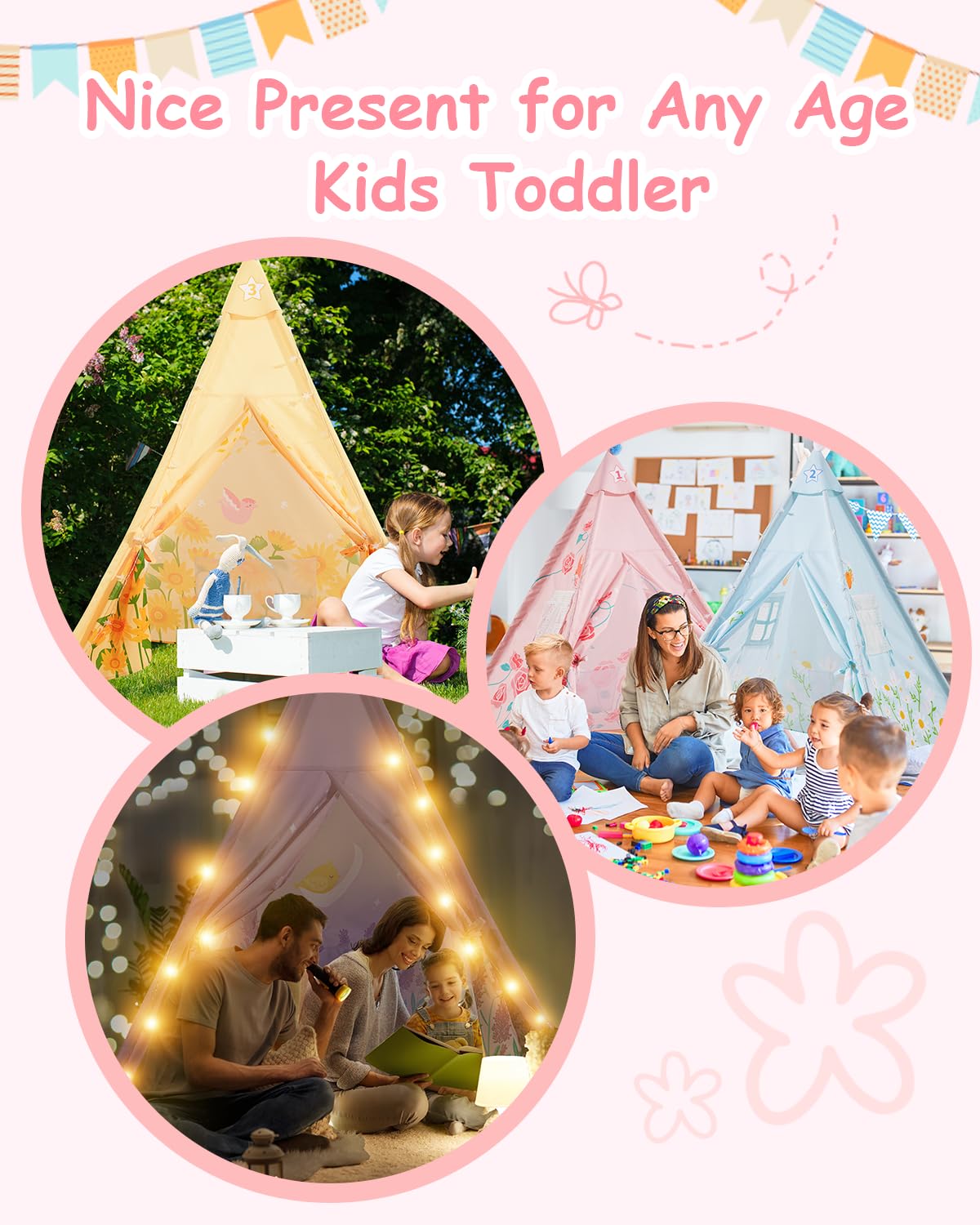 Heypappy 6 Pack Teepee Tent For Kids With Inflatable Airbed, Light, Toddler Tent Children Room Tents, Slumber Party Sleepover Te