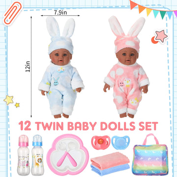 10 Pcs Realistic Twin Baby Dolls Toy Set Include 2 Pcs 12 Inch Baby Dolls Feeding Set Pacifiers Doll Diapers Bags Milk Bottles Removable Outfit for Toddler Kids 6+ Gift(Black)