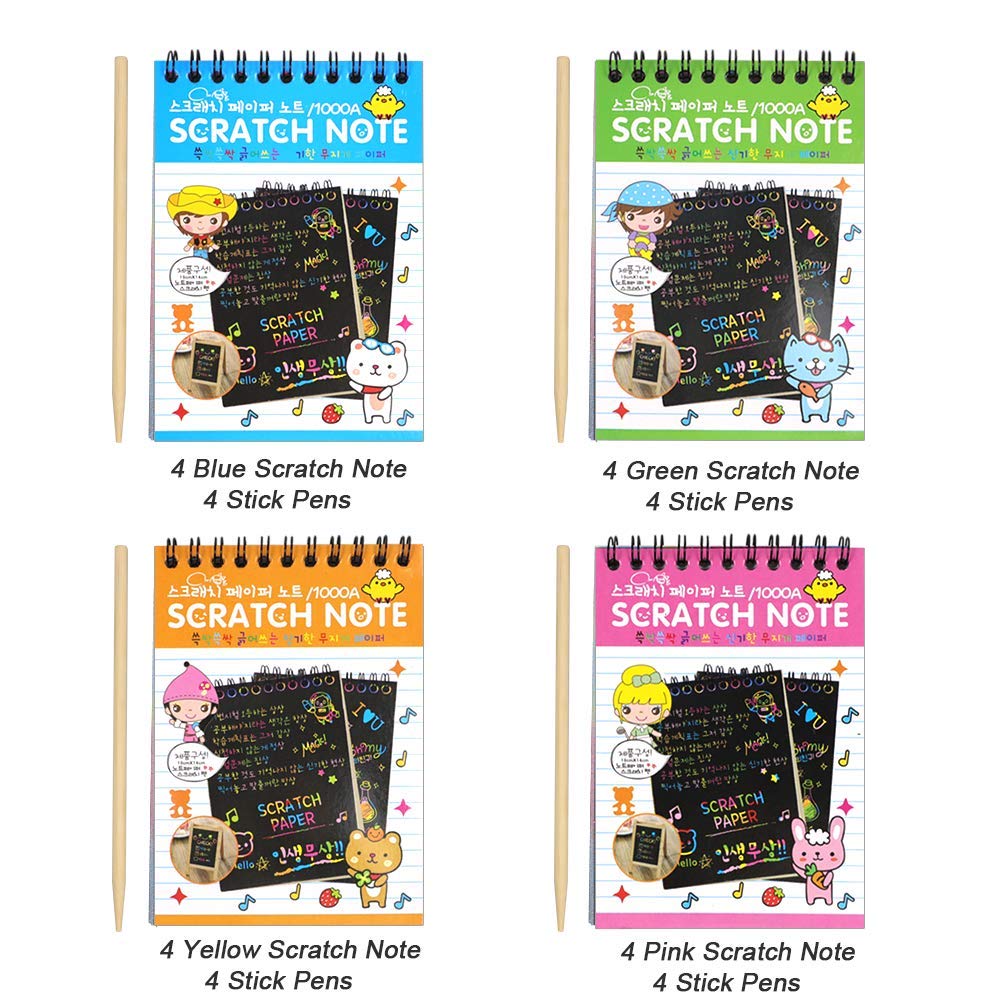 Pokonboy 16 Pack Scratch Arts And Crafts Notebooks, Scratch Note Pads For Kids Rainbow Party Favors Coloring Books For Kids Art Party Supplies Stocking Stuffers(16 Wooden Stylus & 4 Drawing Stencils)
