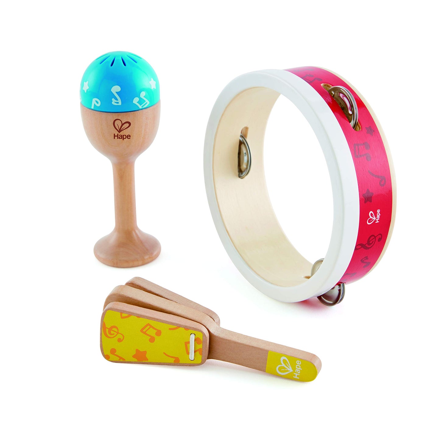 Hape Junior Percussion Set | 3 Piece Wooden Percussion Instrument Set For Toddlers, E0615