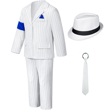 KAIPUTE Dance Star Costume for Boys, 80s 90s White Polyester Outfit, Role Play Party, Size 8-9 Years