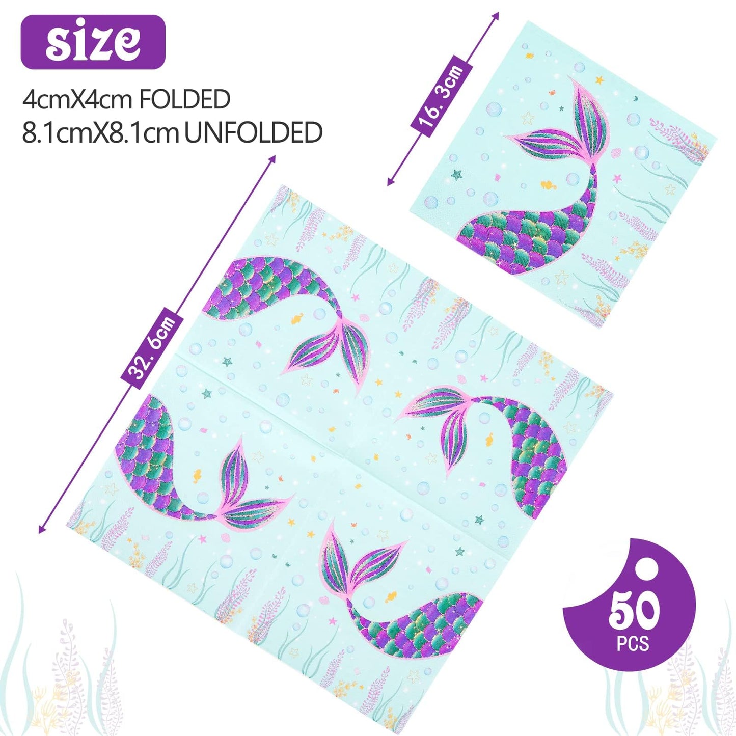 Wernnsai 50Pcs Mermaid Party Napkins - Mermaid Birthday Party Decorations Kids Princess Birthday Paper Napkins Disposable 3-Ply Tails Dinner Napkins For Girls Birthday Under The Sea Pool Party