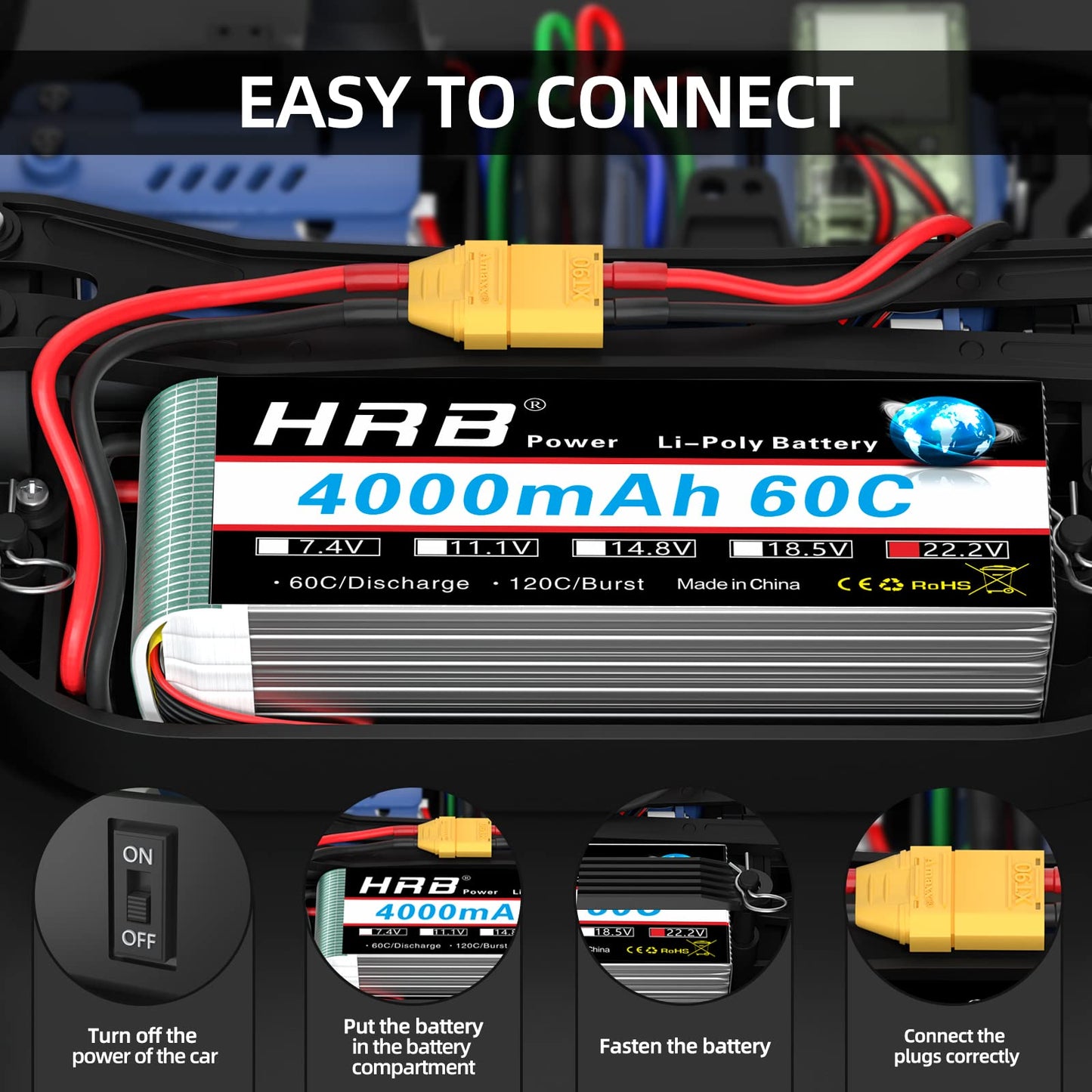 HRB 6S Lipo Battery XT90 4000mAh 60C Soft Case 22.2V RC Lipo Battery for RC Quadcopter Helicopter Car Truck Boat Hobby (2packs)