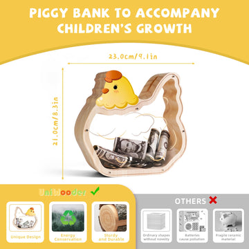 Wooden Chicken Piggy Banks For Kids, Unbreakable Pullet Coin Chicken Bank For Kids With Letter Sticker, Wooden Cashbox Money Jar