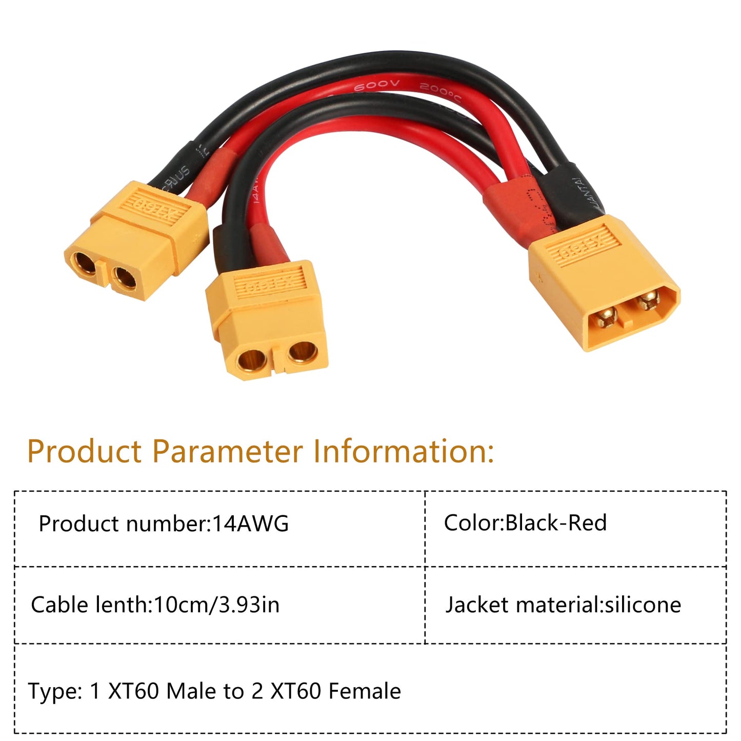 RIIEYOCA XT60 Parallel Battery Connector 14AWG Cable Dual Extension Y Splitter Male to Female for RC Quadcopter(XT60-Male to 2 F